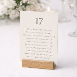 Minimal Wedding Table Number with Guest List Dankeskarte<br><div class="desc">Elegant minimalist wedding table number card featuring a refined neutral ivory background and a clean guest list layout. This sophisticated seating card design displays a large table number with a list of guest names below, making it perfect for organizing reception seating arrangements. The understated typography and soft neutral tones create...</div>
