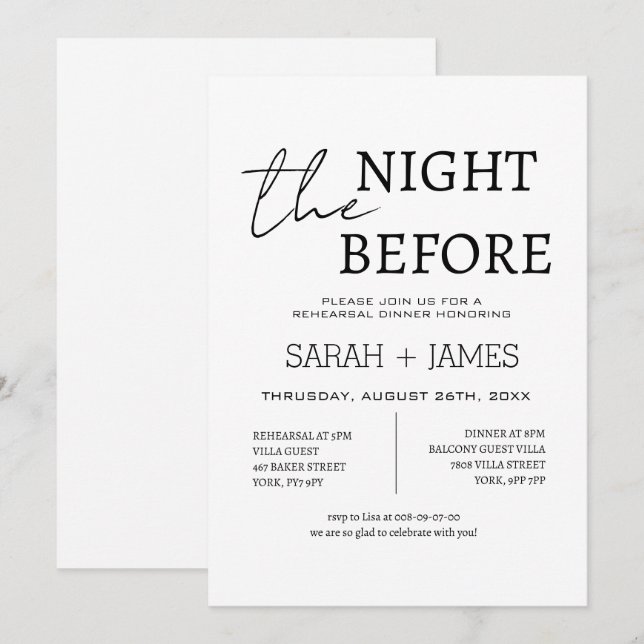 Minimal weiß am Abend vor der Probe Abendessen Einladung (Vorne/Hinten)