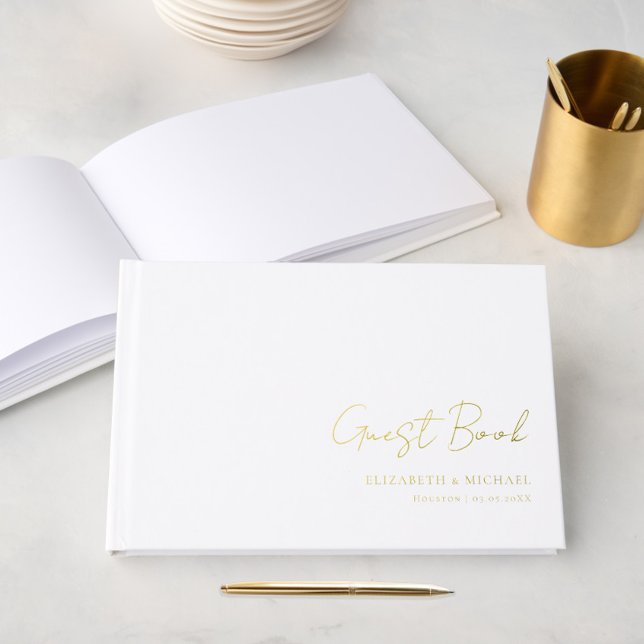 Minimal, weiß, Handschrift, Foil, Hochzeit Gästebuch (Von Creator hochgeladen)