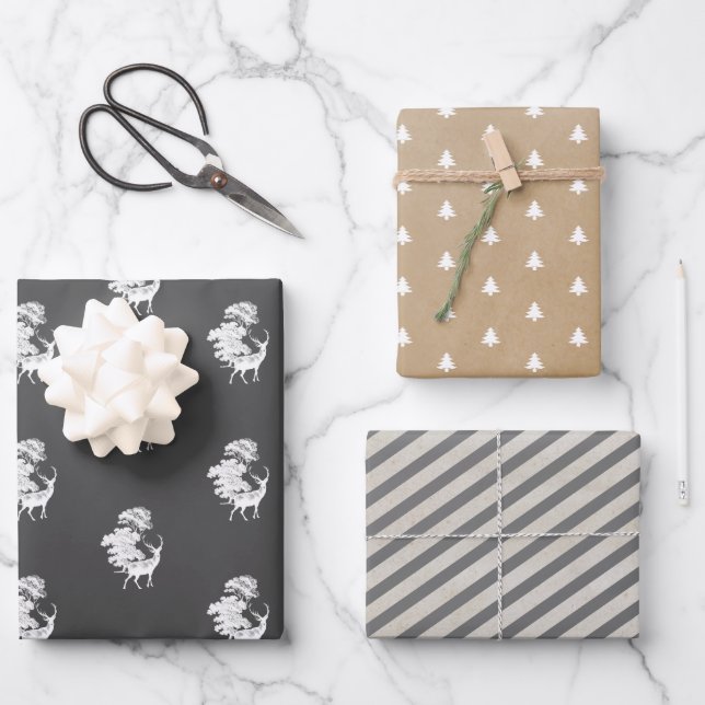 Minimal weiße, graue Kraft Hirschbäume Streifen Geschenkpapier Set (Vorderseite)
