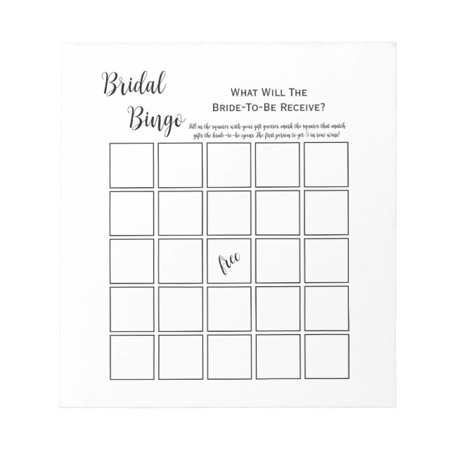 Minimal White Brautparty Bingo Party Game Notizblock (Vorderseite)
