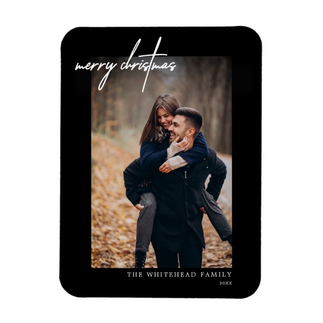 Minimal White Frohe Weihnachtskarte Schwarz Magnet (Vertikal)