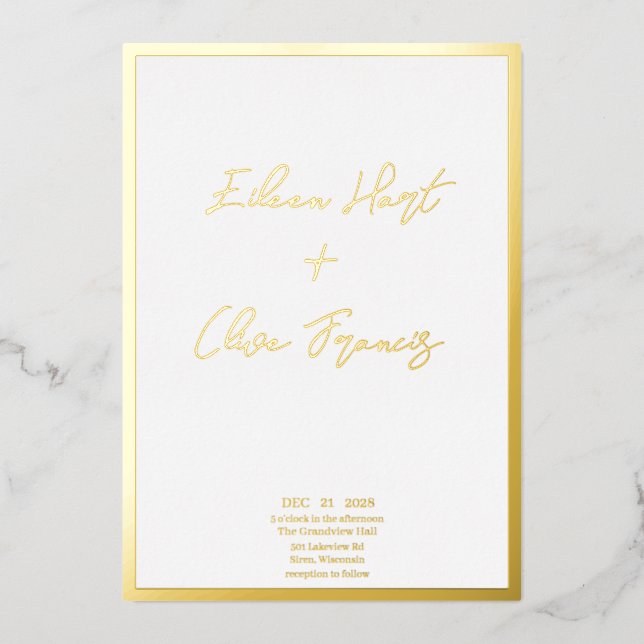 Minimal White Goild Border Typografy Wedding Folieneinladung (Vorderseite)
