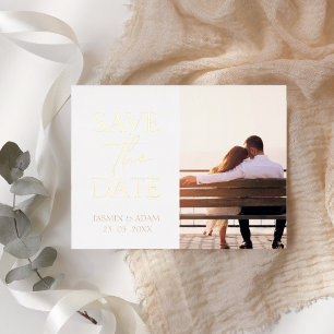 Minimal-White-Gold-Foto-Hochzeit speichern Sie das Folien Feiertagspostkarte