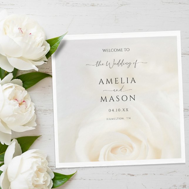 Minimal White Rose Elegant Script Wedding Welcome  Serviette (Minimal White Rose Elegant Script Wedding Welcome Napkins)