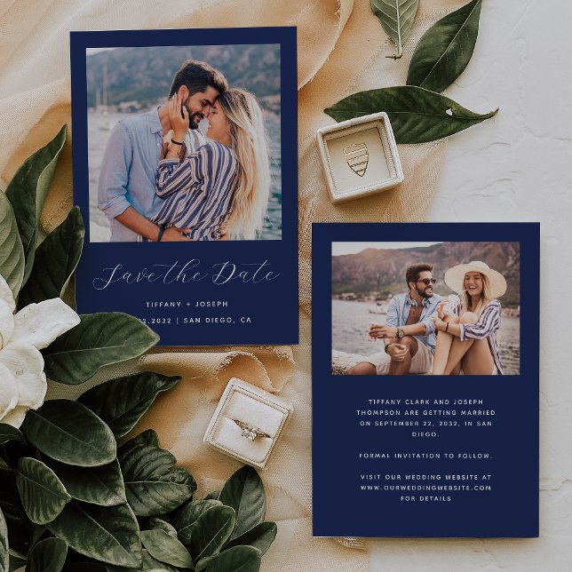 Minimal zwei Foto Script Navy Blue Save The Date (Von Creator hochgeladen)