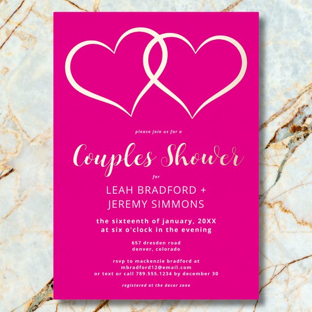 Minimal zwei Herz Hot Pink Paare Dusche Folieneinladung (Minimal Two Hearts Hot Pink Couples Shower Foil Invitation)