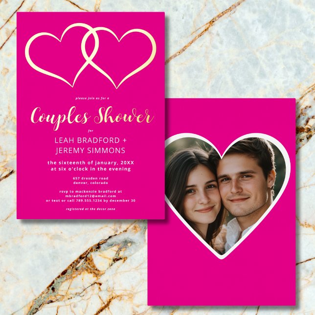 Minimal zwei Herz Hot Pink Paare Dusche Foto Folieneinladung (Minimal Two Hearts Hot Pink Couples Shower Photo Foil Invitation)