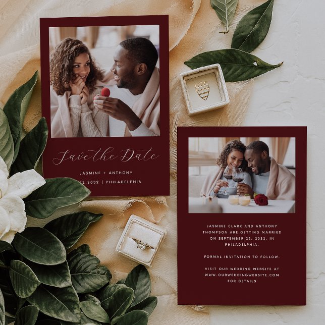 Minimal zweiFoto Burgundy Red Script Save The Date (Von Creator hochgeladen)