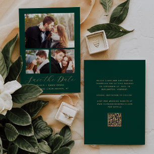 Minimale 3-Foto-Collage Smaragdgrün Gold QR-Code Save The Date