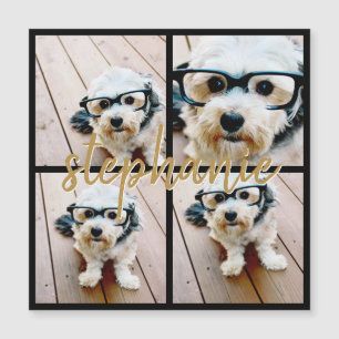 Minimale 4-Foto-Collage - Schwarz - Gold-Schriftte Magnetkarte