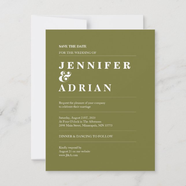 Minimale alte Moosgrüne Hochzeit Save The Date (Vorderseite)
