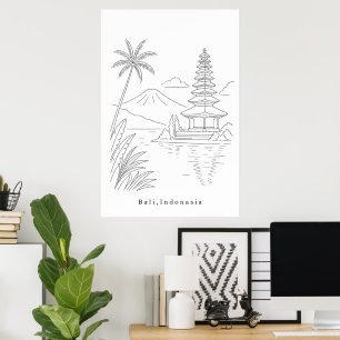 Minimale Bali Indonesien-Linienkunst Tropisch Poster