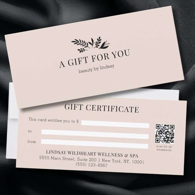 Minimale beige botanische QR-Code-Geschenkgutschei (Minimal Beige - Blush Botanical Salon QR Code Business Gift Certificates)