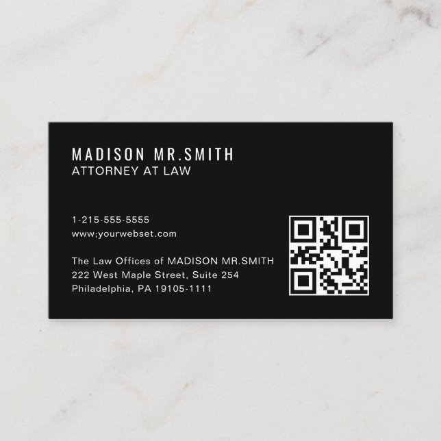 Minimale Berufliche QR Code Black Business Card Visitenkarte (Vorderseite)
