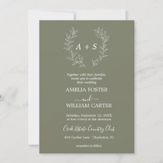 Minimale Blatt | Formale Monogramm-Hochzeitseinlad Einladung