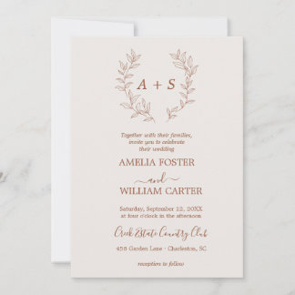 Minimale Blatt | Formale Monogramm-Hochzeitseinlad Einladung