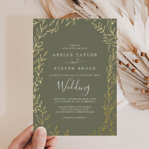 Minimale Blatt Goldfolie Dunkelgrüne Hochzeit Folieneinladung