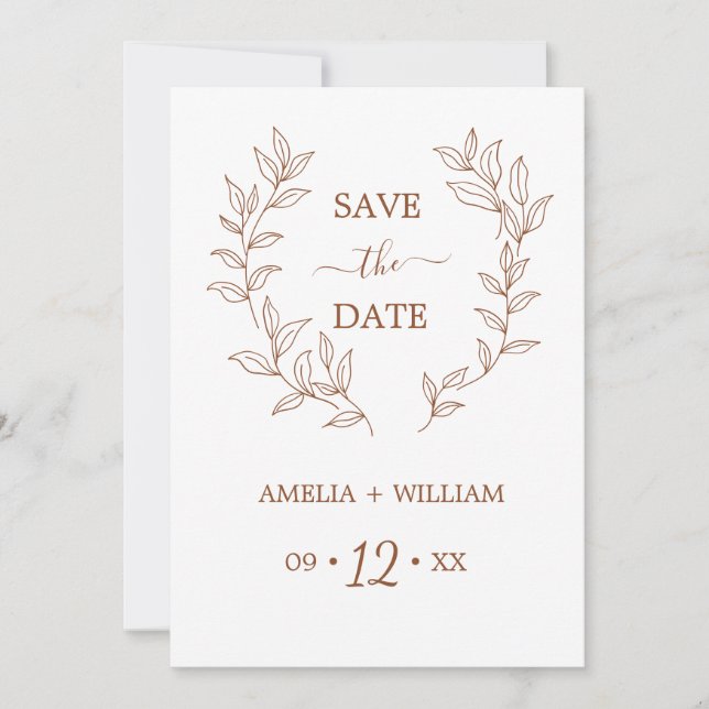 Minimale Blatt-Monogramm-Hochzeit Save the Date  (Vorderseite)
