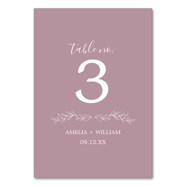 Minimale Blatt-Monogramm-Hochzeitstisch-Nummernkar Tischnummer (Rückseite)