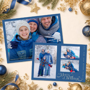 Minimale Blaue Familie Vier Fotos Frohe Weihnachte Feiertagskarte