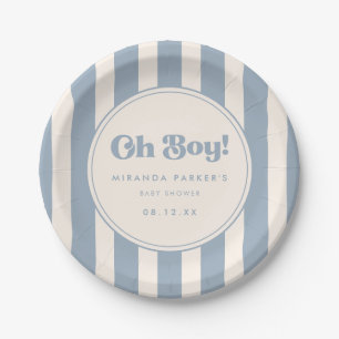 Minimale blaue und beige gestreifte Babyparty "Oh  Pappteller
