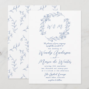 Minimale blaue und weiße Boho-Botanical-Hochzeit Einladung