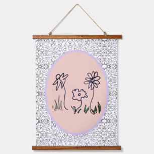 Minimale Blumen in Linienkunst - Wandteppich Mit Holzrahmen