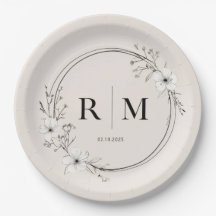 Minimale Blumenmonogramm-Papierteller Elegant