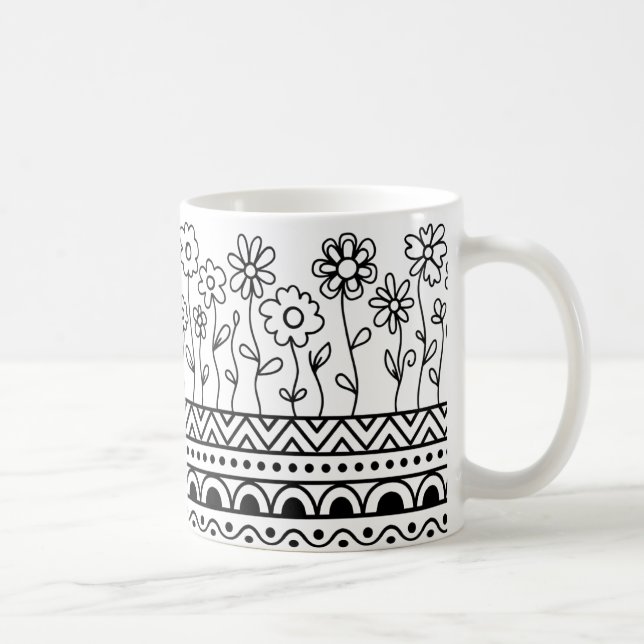 Minimale Blumenvorlage-Tasse – Boho-Linienkunst Kaffeetasse (Rechts)