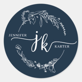Minimale Blumenzeremonie Navy Blue Monogram Runder Aufkleber