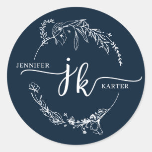 Minimale Blumenzeremonie Navy Blue Monogram Runder Aufkleber