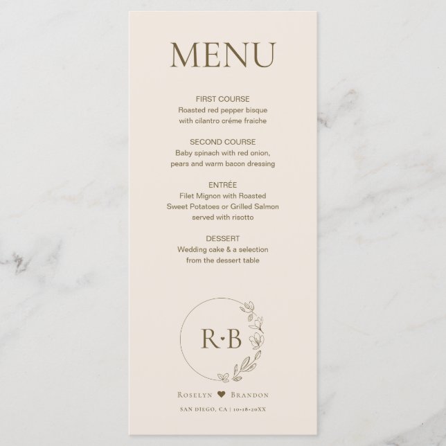 Minimale Blütenschurz-Erdsonde-Monogramm-Hochzeit Menükarte (Vorderseite)