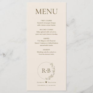 Minimale Blütenschurz-Erdsonde-Monogramm-Hochzeit Menükarte