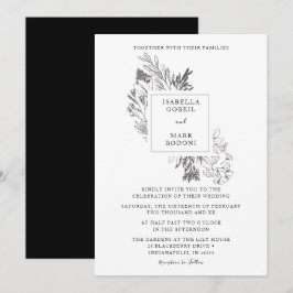 Minimale Blütenschwarz & Weiß Hochzeit Einladung