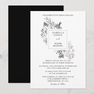 Minimale Blütenschwarz & Weiß Hochzeit Einladung