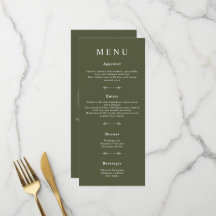 Minimale Bohemische Olive Green Wedding Menus