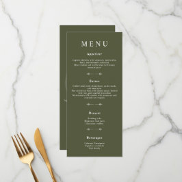 Minimale Bohemische Olive Green Wedding Menus Menükarte