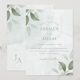 Minimale Botanische Hochzeit in Salbeigrün Einladung