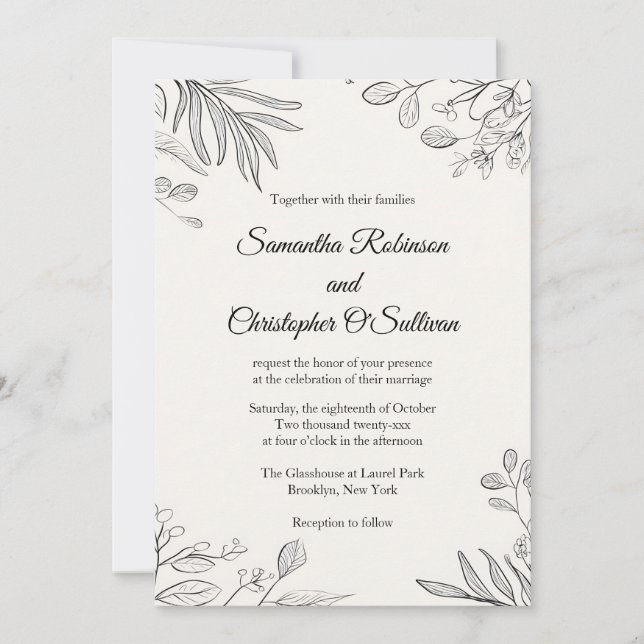 Minimale Botanische Linie Art Hochzeit Einladung (Vorderseite)