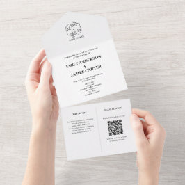 Minimale botanische QR-Code-Monogramm-Hochzeit All In One Einladung