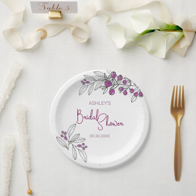 Minimale Brautparty Lila Berries Blätter Pappteller (Hochzeit)