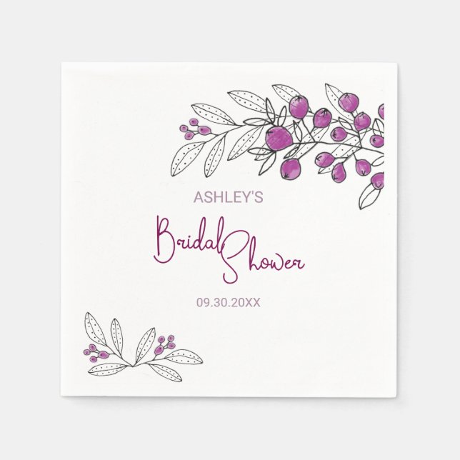 Minimale Brautparty Lila Berries Blätter Serviette (Vorderseite)