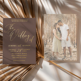 Minimale Brown- und Gold-Kalligrafie-Hochzeit Folieneinladung