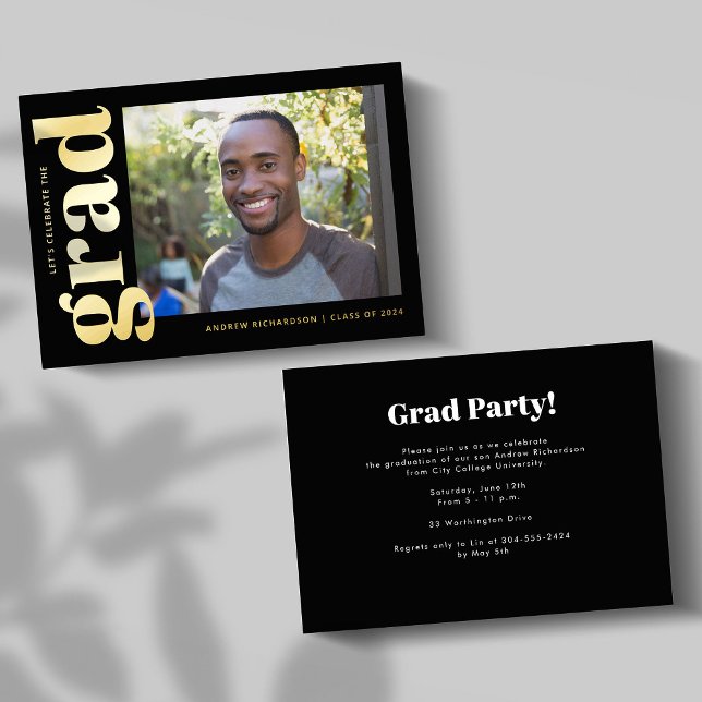 Minimale Classic Black Gold Foto Graduation Party Folieneinladung (Von Creator hochgeladen)