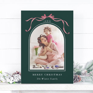 Minimale Deep Blush Pink Schleife Weihnachtsfoto G Feiertagskarte