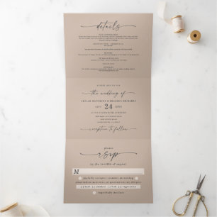 Minimale einfache Taupe Beige Fette Namen Hochzeit Dreifach Gefaltete Einladung