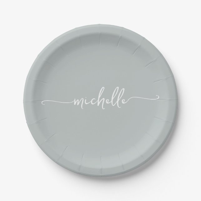 Minimale Elegant Sage Green Monogram Script Pappteller (Vorderseite)