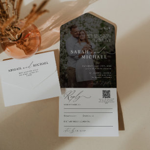 Minimale Elegante Clean Script QR Code Foto Hochze All In One Einladung