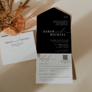 Minimale Elegante Clean Script QR Code Foto Hochze All In One Einladung